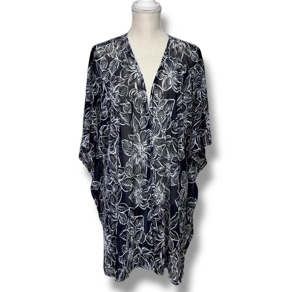 NWT Brittany Black Navy & White Dahlia Floral Mesh Kimono Loose Cover Up Sz Lg